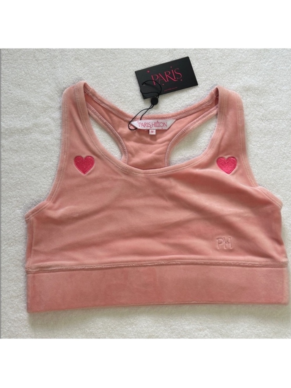 Paris Hilton Medium Set Masterpiece Pants Heart Sports Bra Pearl Blush pink NWT - Picture 8 of 15